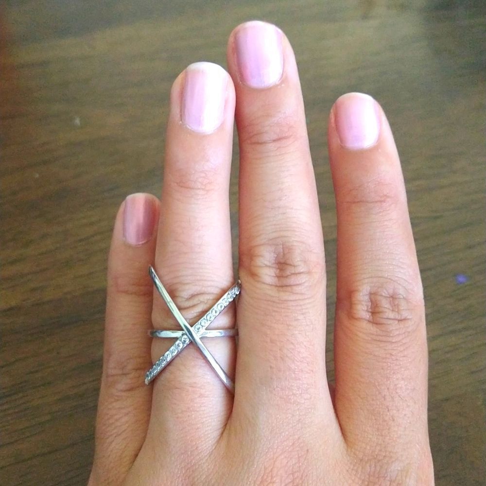Rhodium Plated Criss Cross Ring w/ CZ Stones X Design Statement Ring size 6